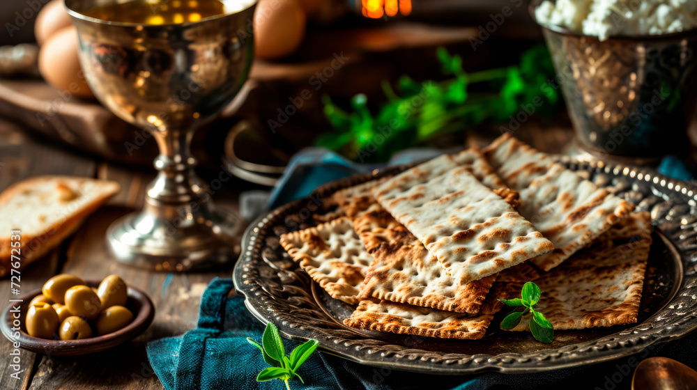 Fototapeta premium Festive Jewish matzo and a glass of wine on the festive table