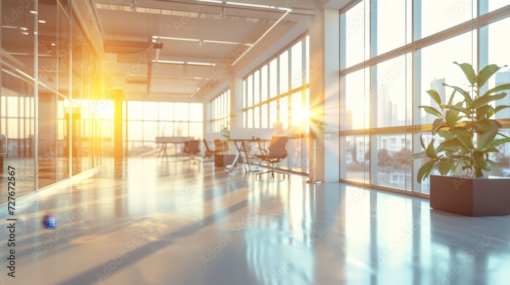 Blurry modern office space with light flooding through panoramic windows