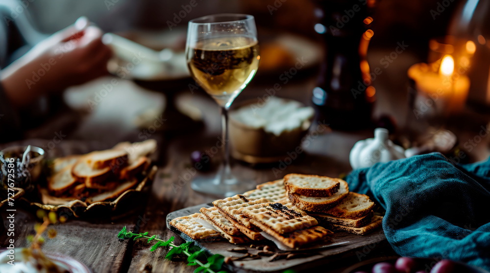 Fototapeta premium Festive Jewish matzo and a glass of wine on the festive table