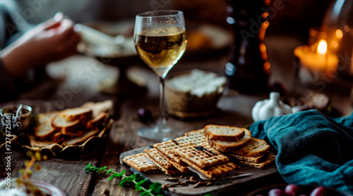Photographie Festive Jewish matzo and a glass of wine on the festive table