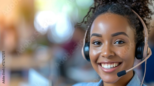 Compassionate call center worker, young female with headsets, excellent communicator