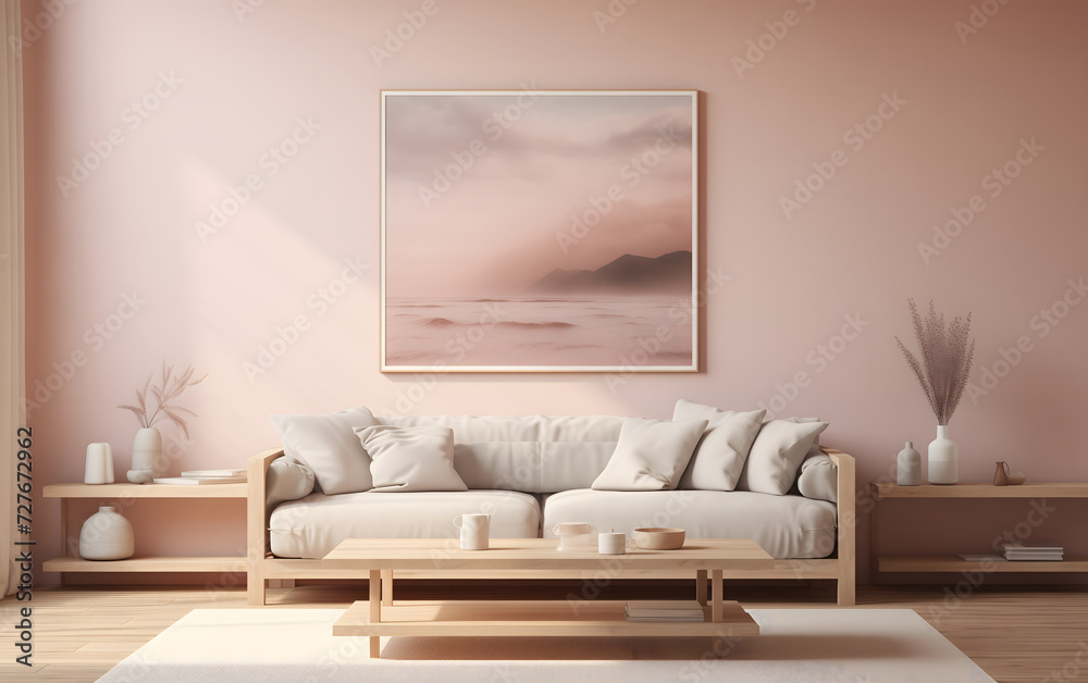 Fototapeta premium The soft pink walls create a cozy and inviting ambiance, enhanced by the natural light that streams through the windows. Created with generative AI