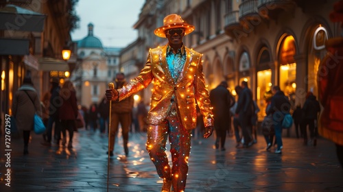 Handsome man dressed in sparkling suit and hat and a walking stick of gold. photo