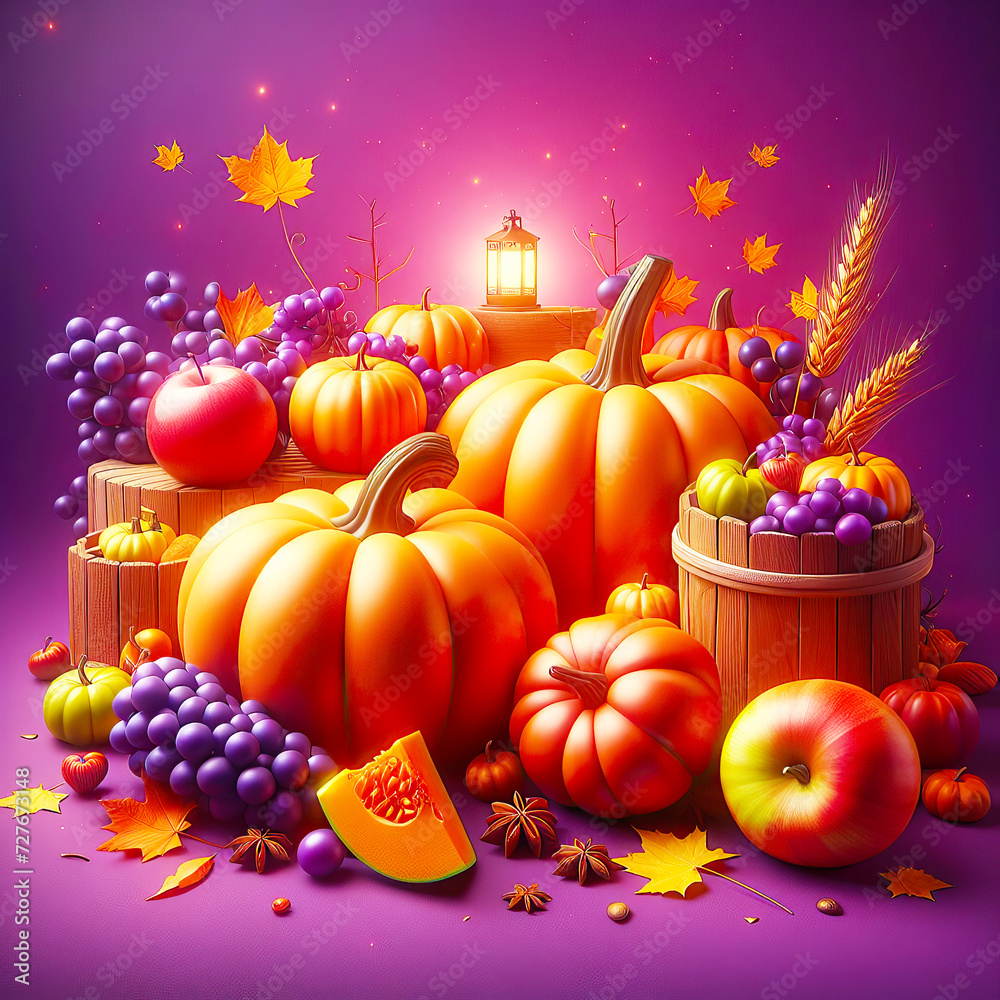 Bright image showing a variety of fall fruits, pumpkins, artistically arranged on a purple background. Autumn leaves in shades of yellow and orange. AI Generative. Bright image showing a variety of fall fruits, pumpkins, artistically arranged on a purple background. Autumn leaves in shades of yellow and orange. AI Generative.