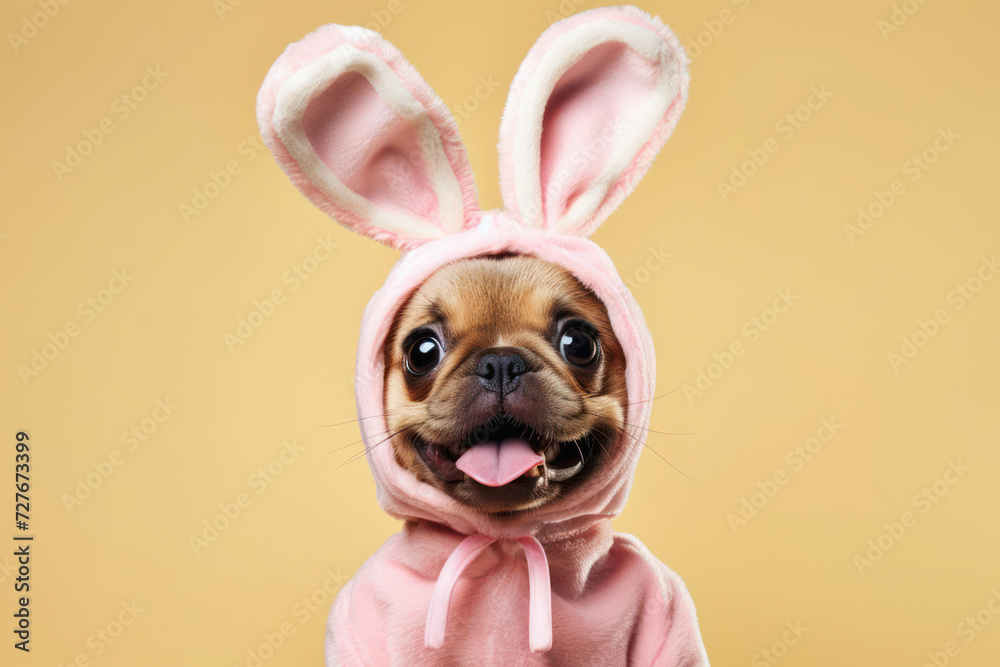 Funny Chuhuahua dog with easter bunny ears on peach fuzz background. Easter concept.