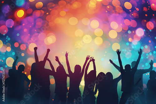 Group of people standing and raising hands in Silhouettes style  Silhouettes of people dancing  A concept photograph of party and festivity in silhouette form on abstract colorful Bokeh background