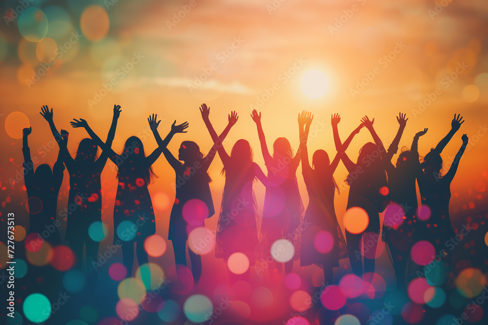 Group of people standing and raising hands in Silhouettes style, Silhouettes of people dancing, A concept photograph of party and festivity in silhouette form on abstract colorful Bokeh background