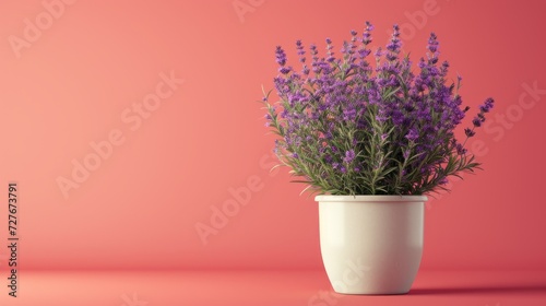 Rosemary in a minimalist style pot isolated on a simple pink background. This professional image consists of a subtle gradient. soft shadows It emphasizes the overall elegance of the scene.
