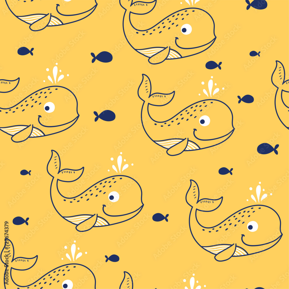 seamless pattern design with cute whale drawing as vector