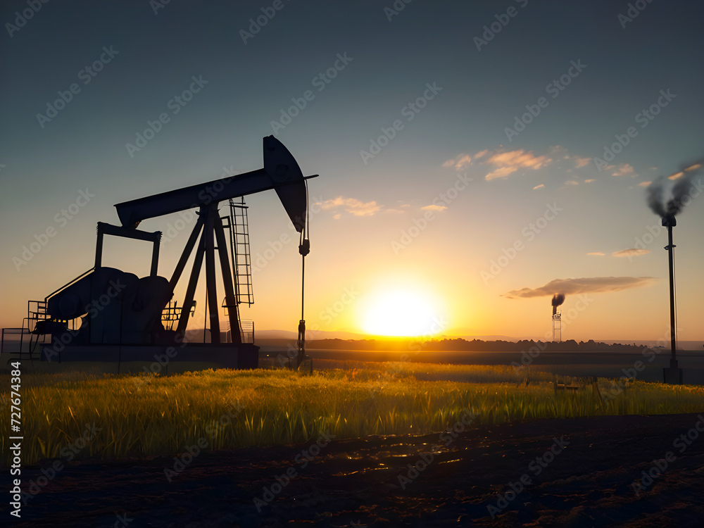 Black silhouette of oil pump at sunset. Pump jack working on oil field. Petroleum industry