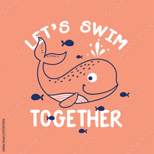 tee print design with cute whale drawing as vector