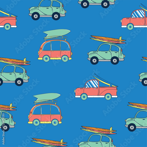 summer concept pattern design with van and car drawing as vector