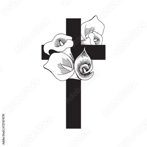 Vector Flower Cross, Floral Easter cross. Faith Cross, Religious Vector illustration. Funeral black illustration with calae lillies flowers. For sympathy cards, design sketch
