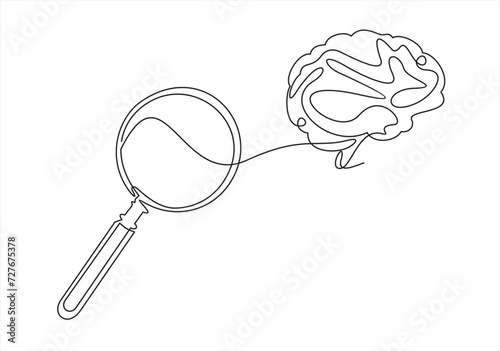 Neurology Science Exploration. Brain with Magnifier Silhouette and Line. Medical Exam, Research of Human Mind Pictogram. Isolated Vector Illustration.