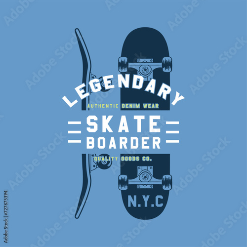 textile print design with college typo and skateboard drawing as vector