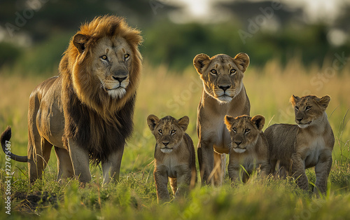 Lion family in meadow. Generative AI