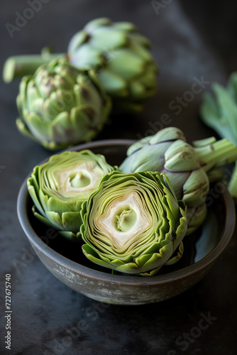 Fresh artichokes, whole and halved