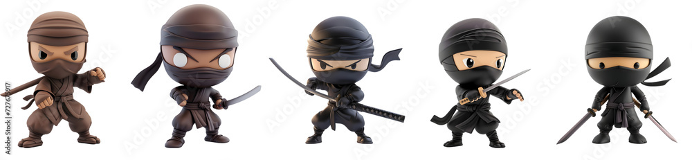 Set of 3D Cartoon Ninja Characters on Transparent Background