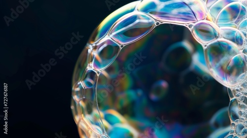 Closeup of a shiny soap bubbles with reflection on black background