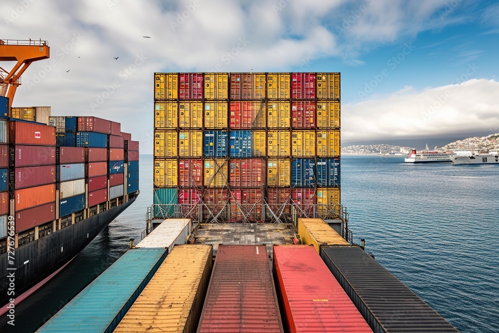 Fototapeta premium Container Loading: Freight Transport at International Port,Cargo Transfer: Crane Loading Containers onto Ship