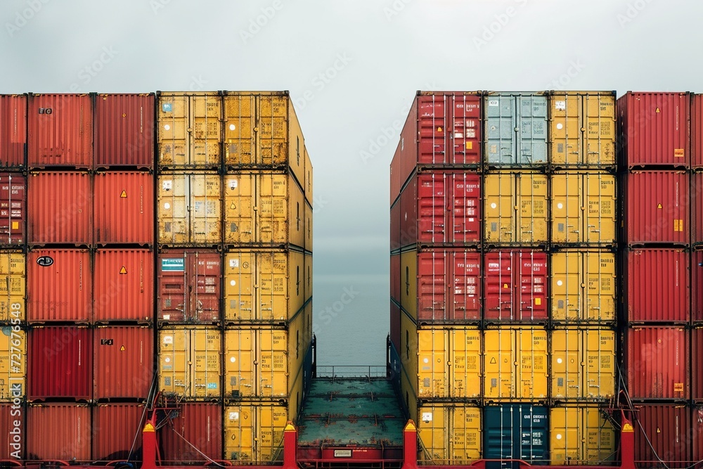 Fototapeta premium Container Loading: Freight Transport at International Port,Cargo Transfer: Crane Loading Containers onto Ship