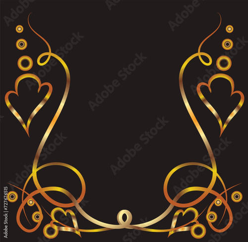 Fantasy ornament with leaves and curls. Ornament, applique, background with space for an inscription. Gold gradient on a black background for printing on fabric, applique and cards.