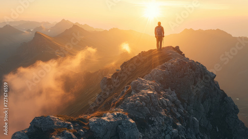 A male adventurer at the top of a mountain with a stunning view of the sunrise over a rugged landscape © boxstock production