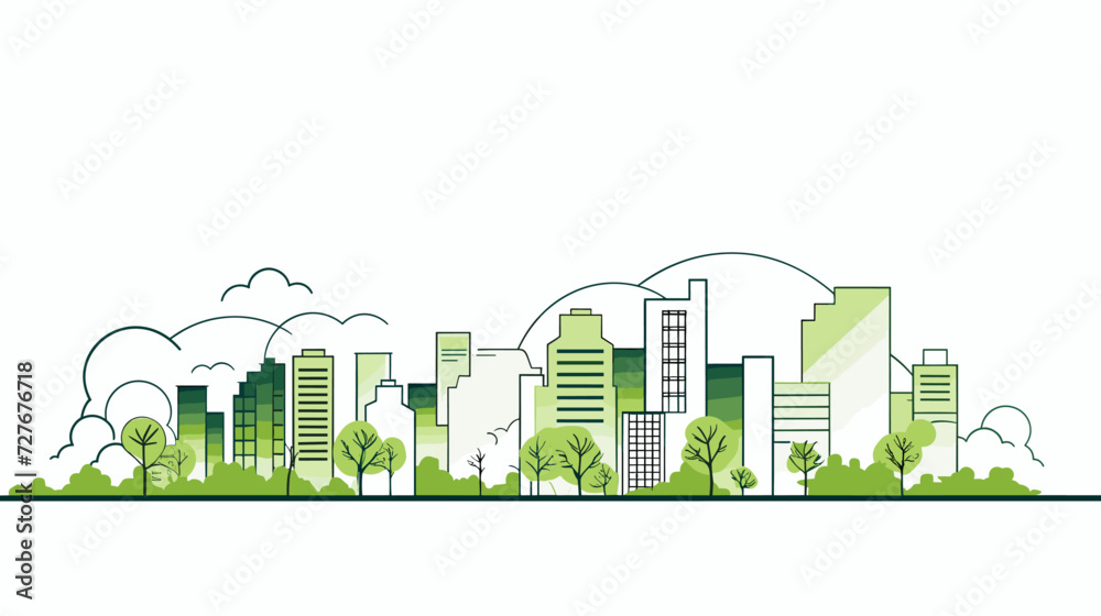 Abstract vector scene with cityscapes and green spaces  symbolizing urban sustainability and environmental harmony in a visually engaging and comprehensive composition. simple minimalist