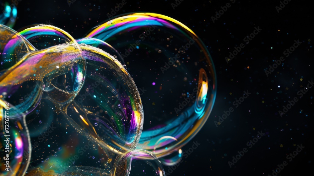 Closeup of a shiny soap bubbles with reflection on black background