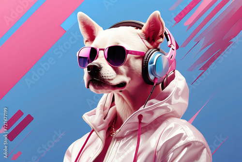 illustration of a dog wearing a headset on its head in a pink style © IOLA