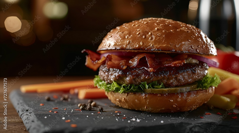 Hamburger, salade steak, tomate, bacon, posé sur une ardoise, illustration ia générative - obrazy, fototapety, plakaty 
