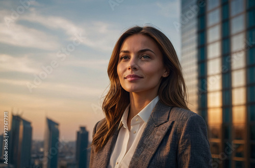 portrait of a businesswoman in the big city at sunlight