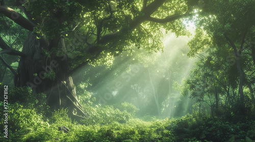 verdant forest with towering ancient trees, sunlight filtering through dense foliage, creating a play of light and shadow on the forest floor, symbolizing growth and vitality photo