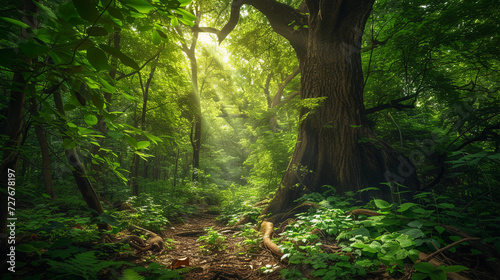 verdant forest with towering ancient trees, sunlight filtering through dense foliage, creating a play of light and shadow on the forest floor, symbolizing growth and vitality