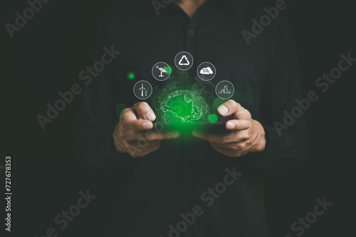 Ecology environment. Eco technology system. Controlling global warming negative effects around the world concept. Save energy by reducing use of carbon dioxide, solar energy, wind. Recycling waste