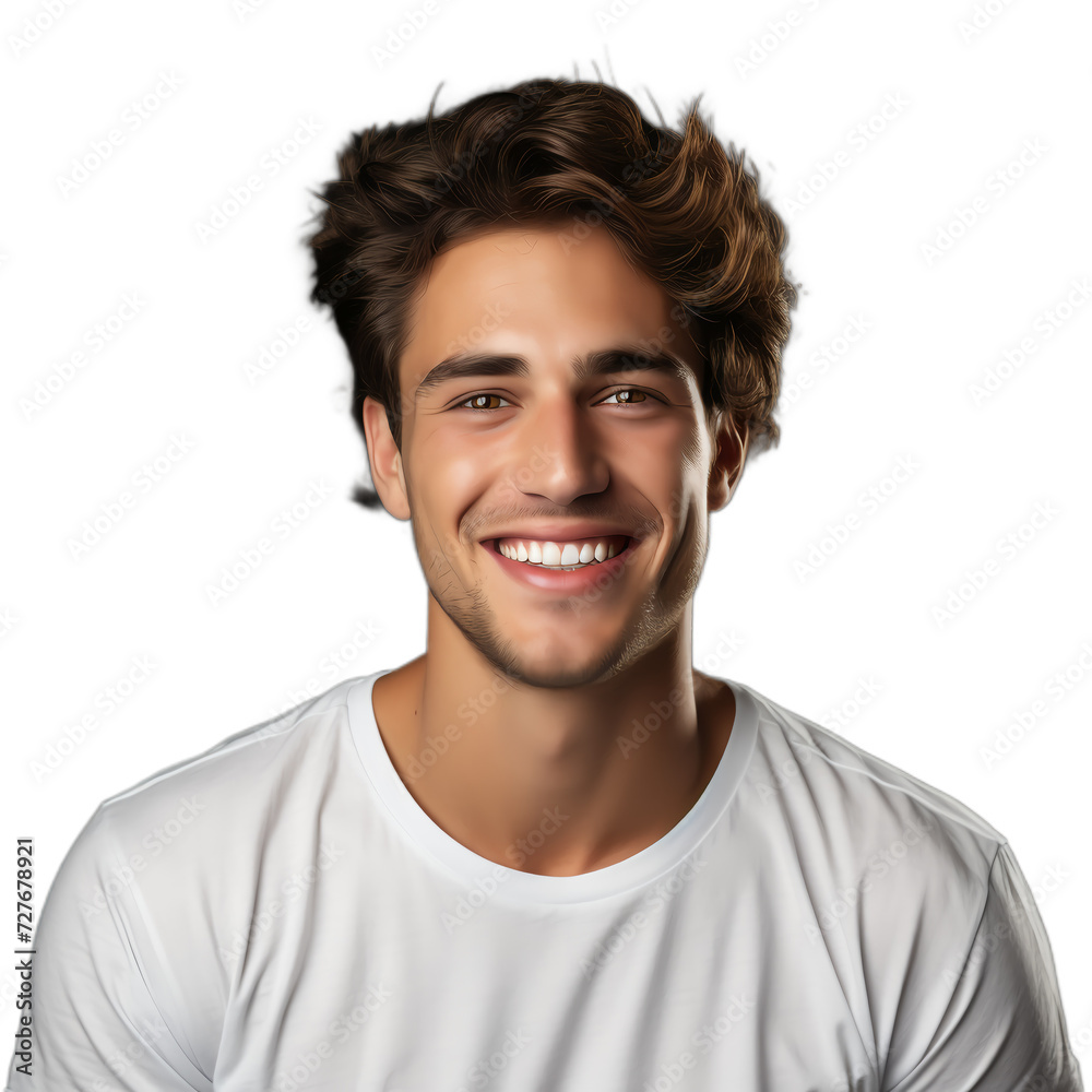Fototapeta premium Portrait of a young man with white teeth. Advertisement of a dental clinic. Advertisement of a dentist. 