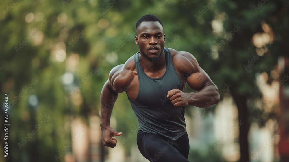 athlete in mid-stride, muscles defined and expression focused, against a blurred city park background, symbolizing personal growth through perseverance and physical training