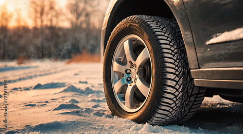 Car wheel with winter tires in the snow