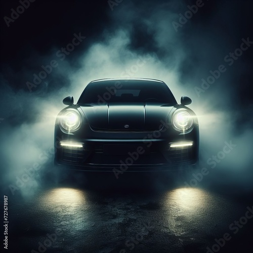 black car with headlights on in the dark with fog around © viktorbond