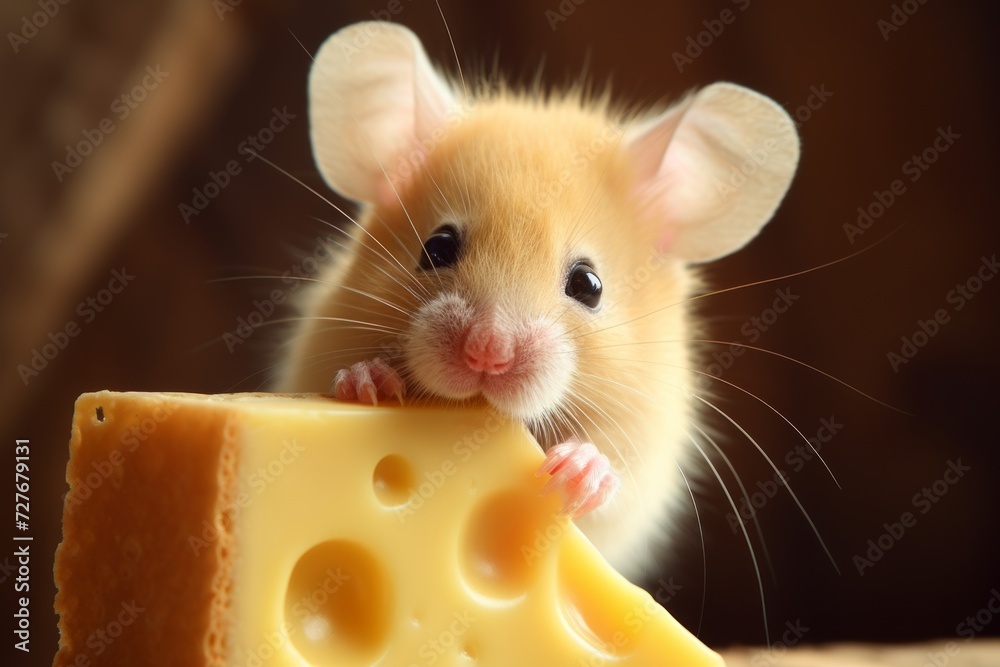 Fototapeta premium Close up on little mouse and cheese