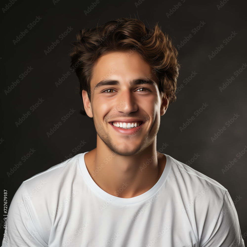 Fototapeta premium Portrait of a young man with white teeth. Advertisement of a dental clinic. Advertisement of a dentist. 