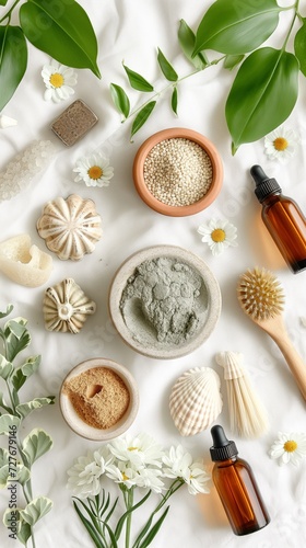 A serene flatlay featuring natural skincare products, green clay powder, wooden brushes, and fresh green leaves, capturing a sustainable beauty routine.
