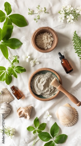 A serene flatlay featuring natural skincare products, green clay powder, wooden brushes, and fresh green leaves, capturing a sustainable beauty routine.
