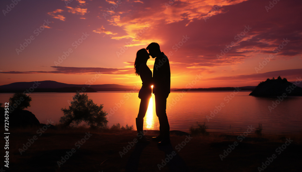Recreation of a lover couple loving each other at sunset in a lake