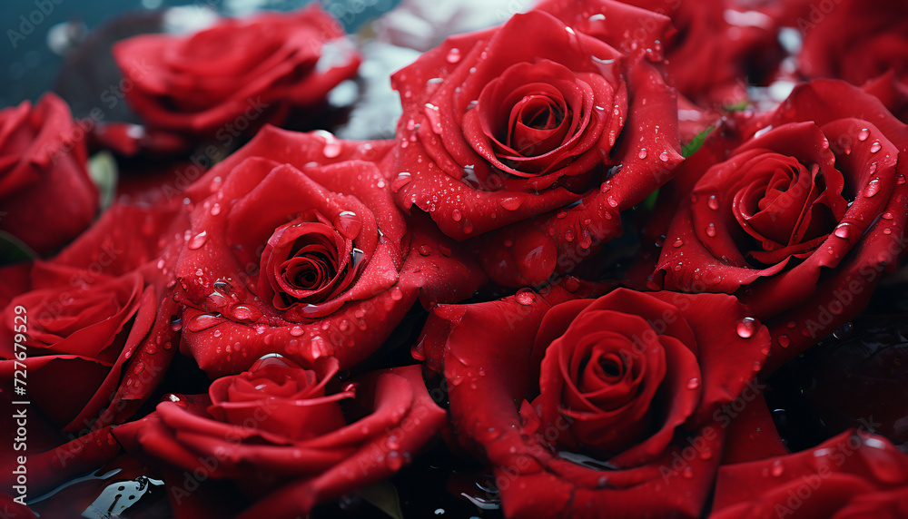 Recreation of wet red roses with drops water Recreation of wet red roses with drops water