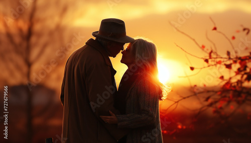 Recreation of middle age couple loving each other at sunset