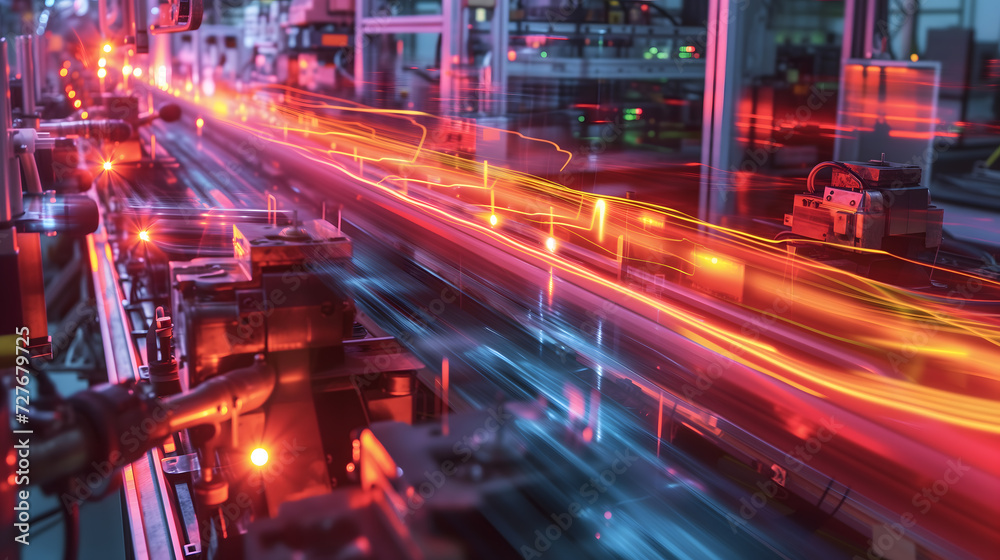 Long time exposure photography of a modern assembly line, capturing the ethereal glow of machines in motion against the stark, streamlined design of the manufacturing floor