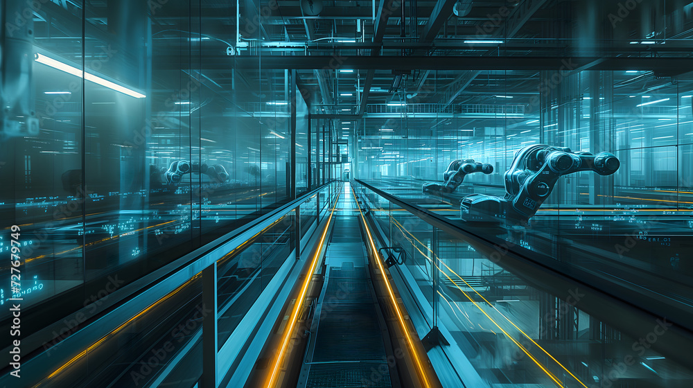 Fototapeta premium Long time exposure photography of a modern assembly line, capturing the ethereal glow of machines in motion against the stark, streamlined design of the manufacturing floor