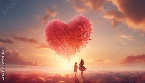 Recreation of kid and woman walking in a cloud landscape with a giant red heart floating photo