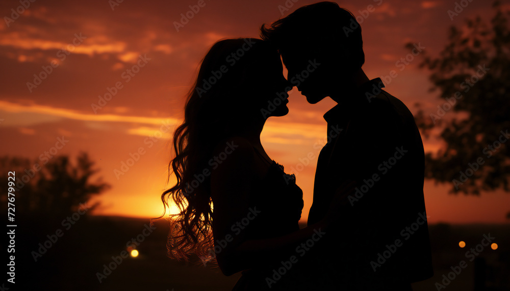 Recreation of a lover couple loving and kissing each other at sunset	
